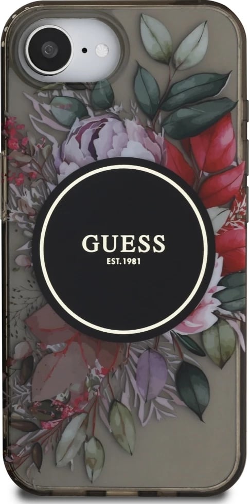 Mbështjellës Guess IML Flowers MagSafe për iPhone 16e, i zi Mbështjellës Guess IML Flowers MagSafe për iPhone 16e, i zi