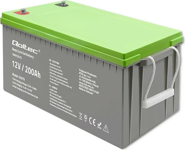 Akumulator Deep Cycle Gel Qoltec 12V 200Ah, Gri/Gjelbër
