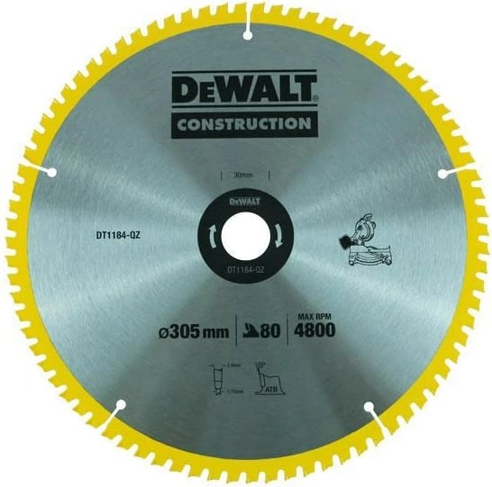 Disk sharrë rrethore DeWALT DT1184-QZ, 305 mm, 80 dhëmbë, e verdhë