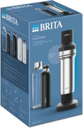 Saturator uji Brita sodaTRIO, me cilindër CO2, shishe qelqi dhe çelik, e zezë