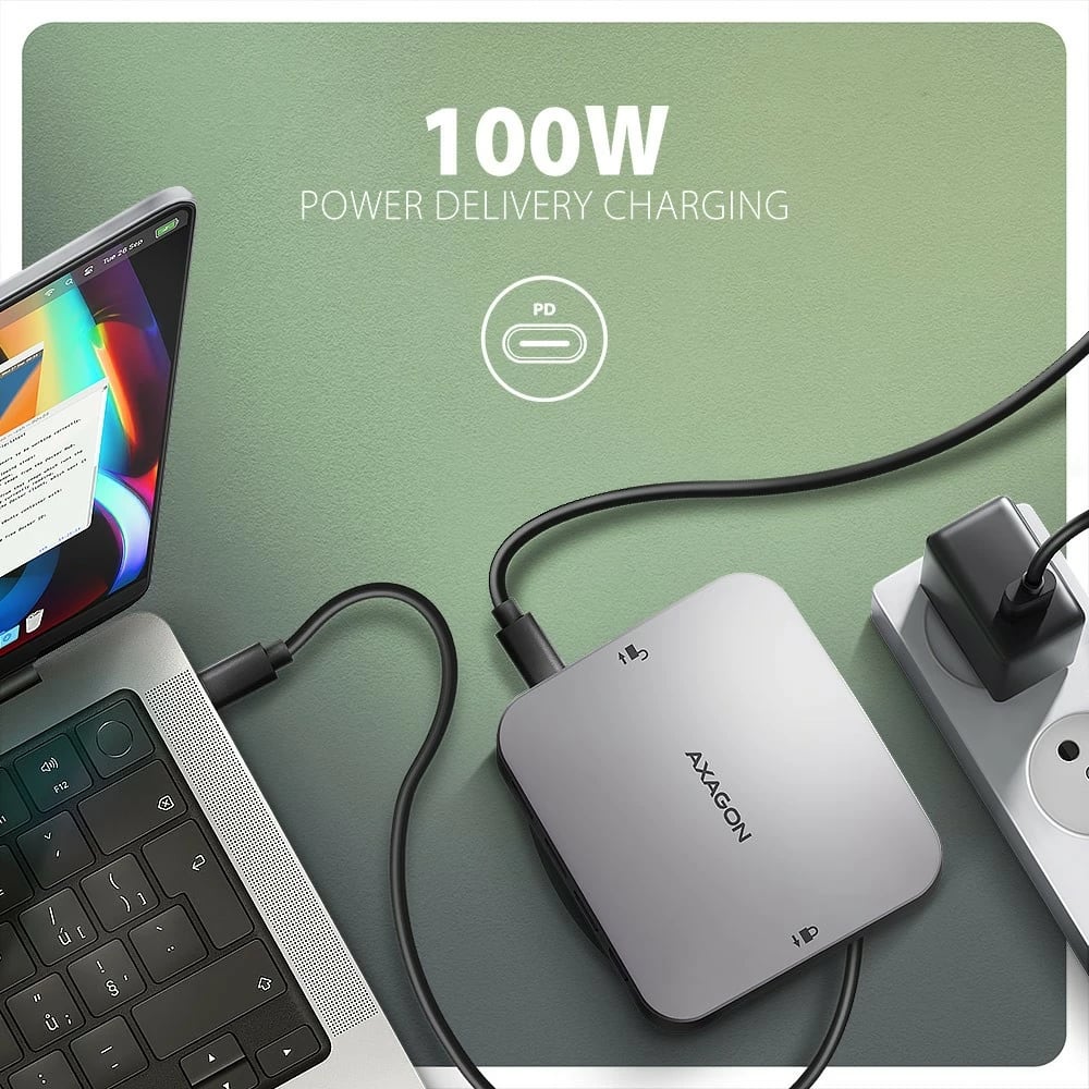 Hub multiport AXAGON HMC-UFO, 9-në-1, 10Gbps, 2x USB-A, HDMI 4K/60Hz, M.2 NVMe/SATA, audio, PD 100W, SD/microSD, GLAN, kabllo USB-C 65cm, zi/argjendtë