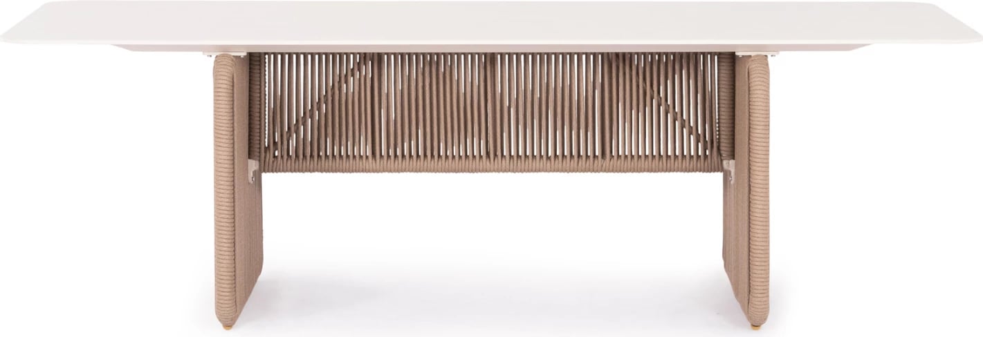 Tavolinë ngrënieje për jashtë, serisë ETHEREAL, sipërfaqe prej guri të sinterizuar ngjyrë fildishi, litar P.E. bezhë, 240x100x73.5cm