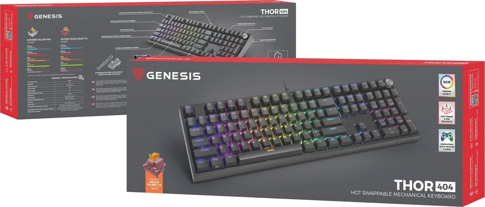 Tastierë mekanike GENESIS THOR 404, USB, RGB, QWERTY, Anglisht, E zezë