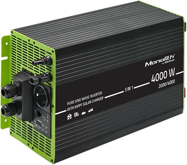 Invertor solar 3-në-1 Qoltec Monolith 51914, 2000W/4000W, 12V në 230V, MPPT, valë e pastër, zi/gjelbër Invertor solar 3-në-1 Qoltec Monolith 51914, 2000W/4000W, 12V në 230V, MPPT, valë e pastër, zi/gjelbër