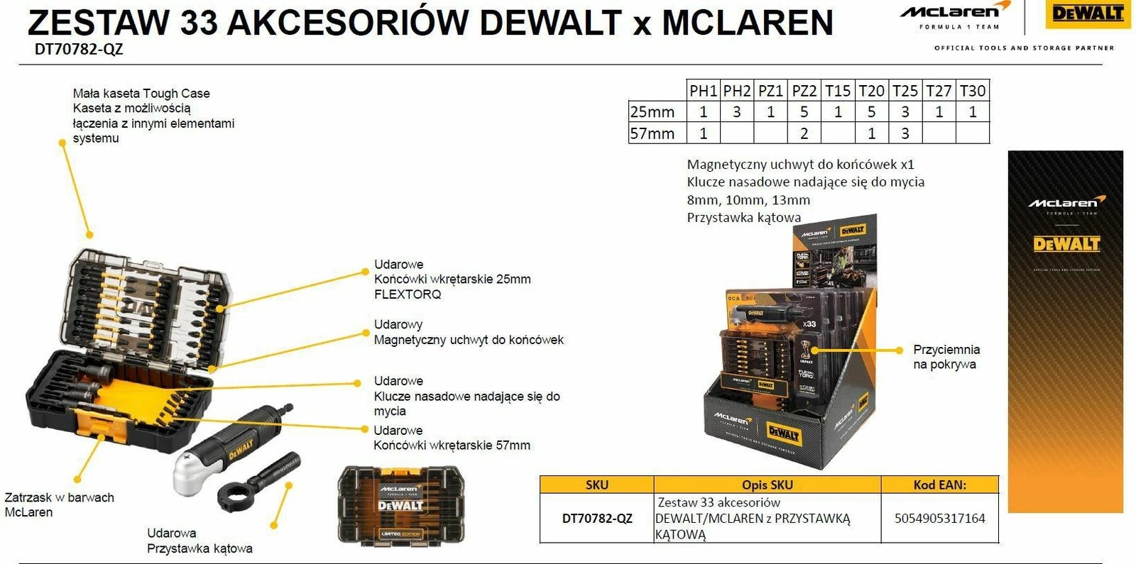 Set aksesorësh DeWalt 33 copë me adaptor këndor