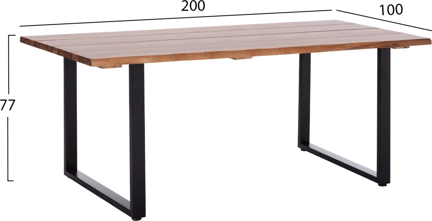 Tavolinë ngrënie për jashtë FRIGGO, dru akacie natyrale, këmbë metalike, 200x100x76cm