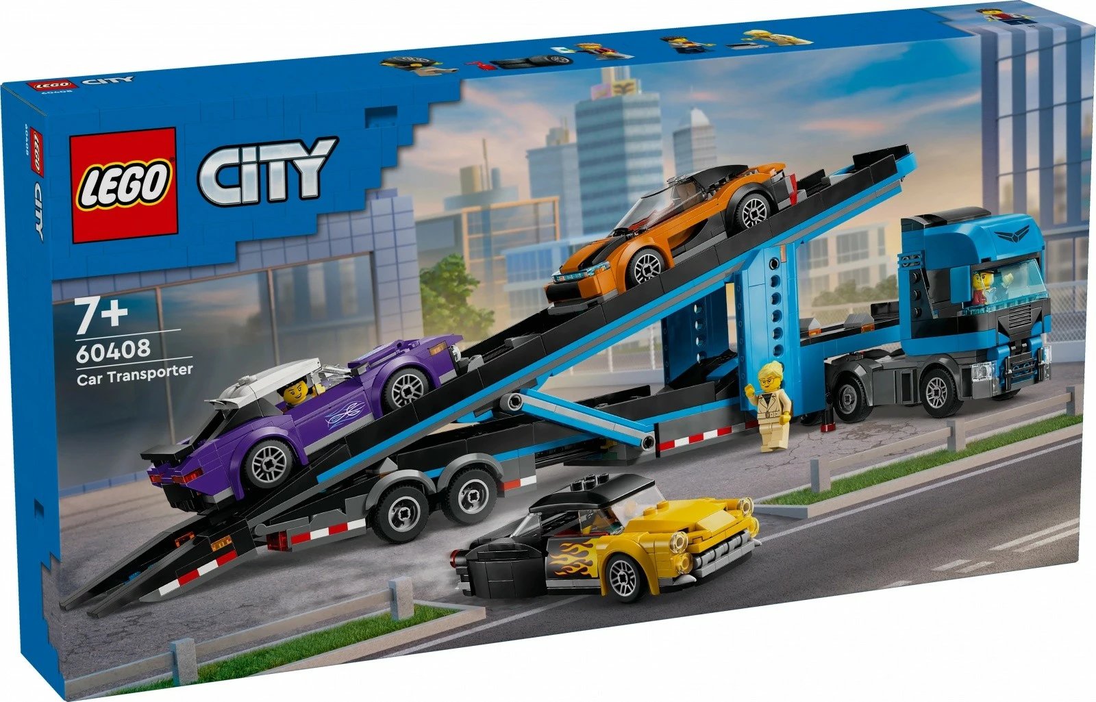 Set lodrash LEGO City 60408, kamion transportues me platformë dhe 3 makina sportive, 998 pjesë