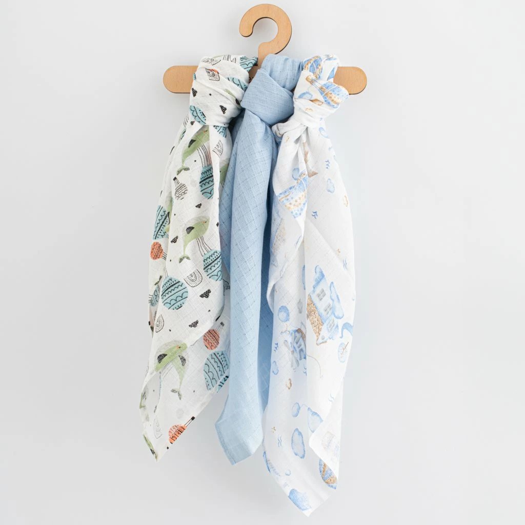 Pelena pambuku, New Baby, 70x80 cm, 100% pambuk, për djem, blu, set 3 copë