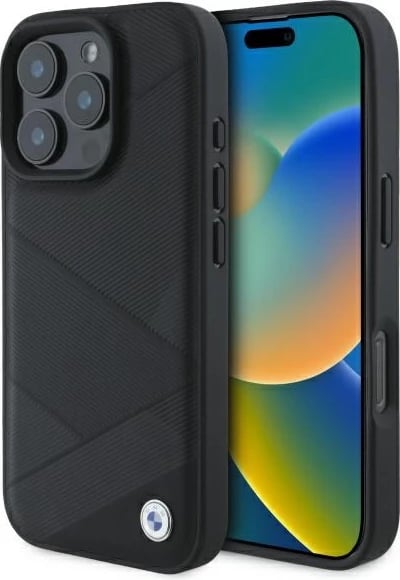 Mbështjellës BMW Sign Leather Crossing Lines Pattern për iPhone 16 Pro Max, lëkurë, zi