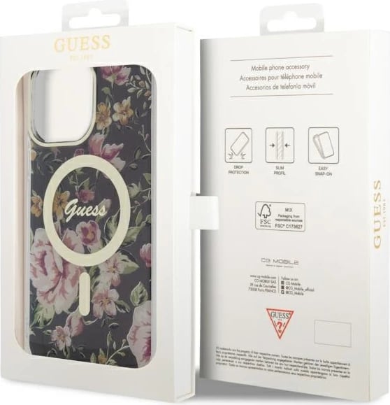 Mbështjellës Guess GUHMP14XHCFWSK për iPhone 14 Pro Max 6.7", MagSafe, lule, zi Mbështjellës Guess GUHMP14XHCFWSK për iPhone 14 Pro Max 6.7", MagSafe, lule, zi