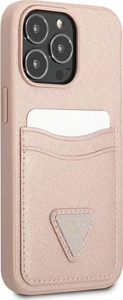 Mbështjellës Guess Saffiano Triangle për iPhone 13 Pro / 13, hardcase, rozë, me hapësirë kartelash