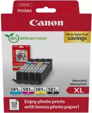 Kaseta boje Canon CLI-581XL multipak me letër foto, për PIXMA, 4 ngjyra + 50 fletë