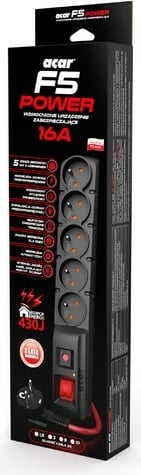 Prizë shumëfishe Acar F5 Power, 5 dalje, 10m, 16A, e zezë