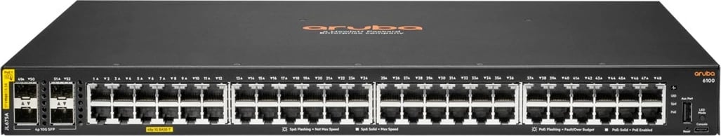Switch HPE Aruba 6100, 48 porte Gigabit, 4 SFP+, PoE+ 370W, i zi