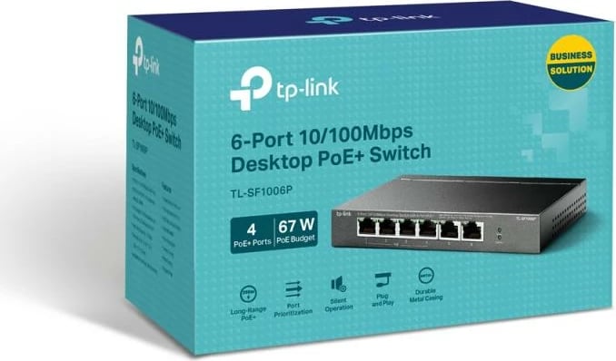 Switch TP-Link TL-SF1006P 6 porte 10/100Mbps 4 PoE+ buxhet 67W, Extend 250 m, kasë metal