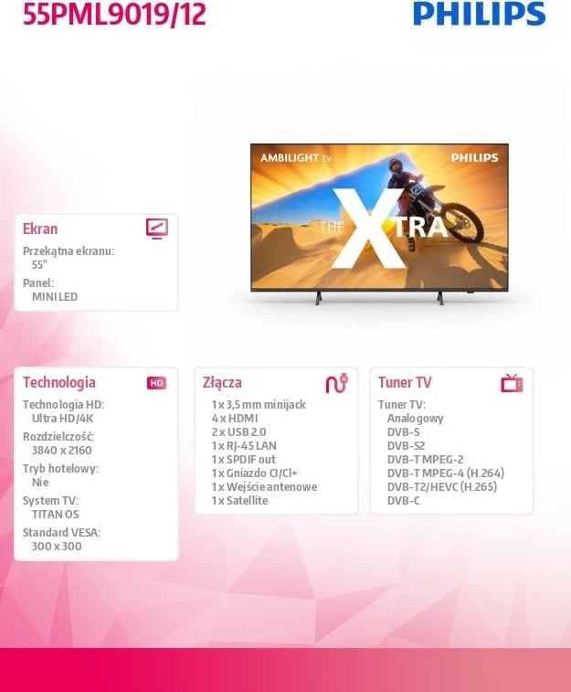 Televizor Philips 55PML9019/12, 55 inç, Mini LED, Ultra HD/4K, Ambilight, i zi