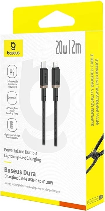 Kabllo karikimi e shpejtë Baseus Dura Type C për iP, 20 W, 2 m, E zezë, Ari