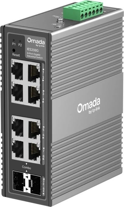 Switch industrial i menaxhueshëm TP-Link IES208G, 8 porta Gigabit (6 RJ45, 2 combo RJ45/SFP), Omada, IP40, menaxhim cloud