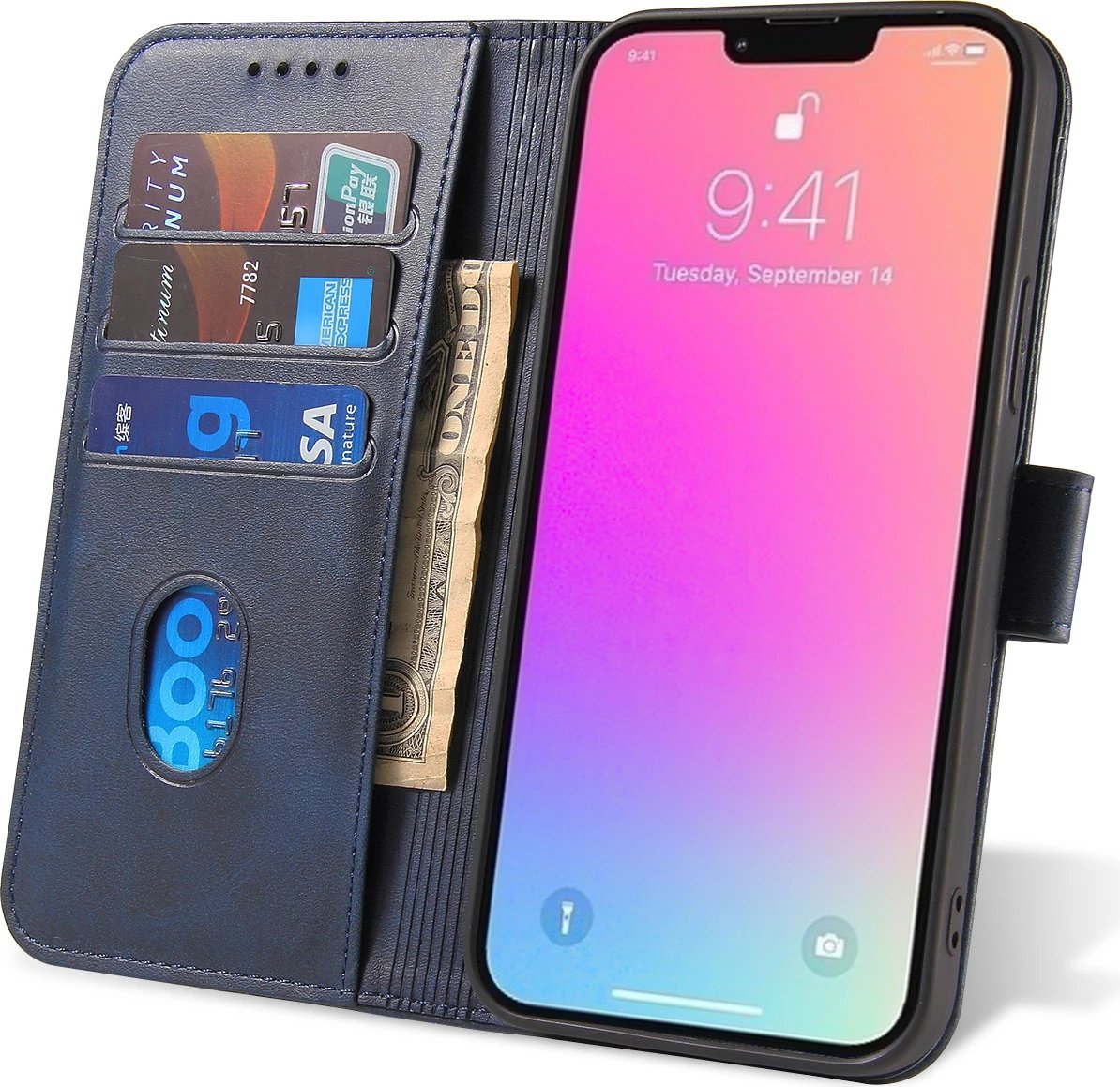Mbështjellës Hurtel Magnet Case për iPhone 13 Pro Max, me kapak dhe mbajtës, Blu