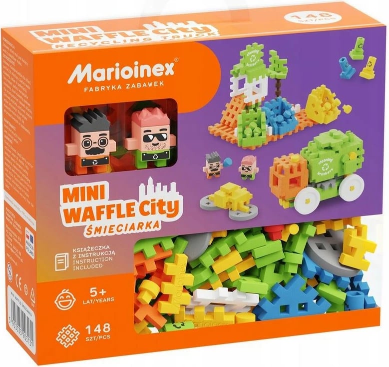 Set lodrash ndërtimi Marioinex Mini Waffle City Garbage Truck, 148 pjesë, me figurina