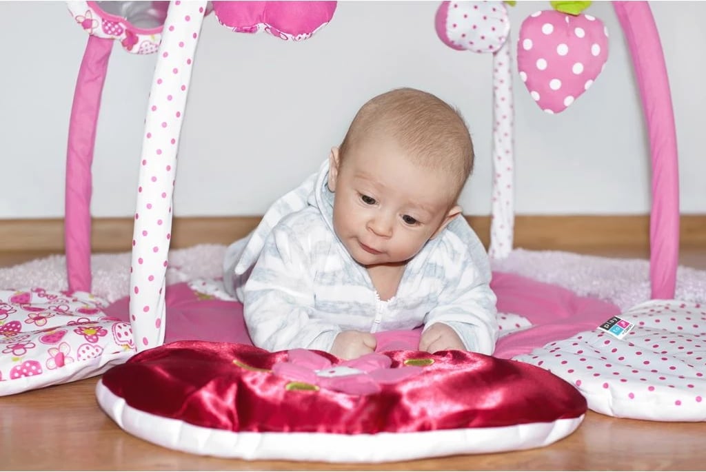 Tapet loje për bebe me hark, PLAYTO Flower Play Blanket, Ø 100 cm, me lodra të shkëputshme, 3m+, rozë