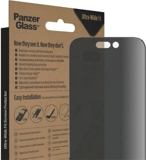 Mbrojtës ekrani PanzerGlass Ultra-Wide Fit Privacy me EasyAligner për iPhone 14 Pro, xham i temperuar, antibakterial