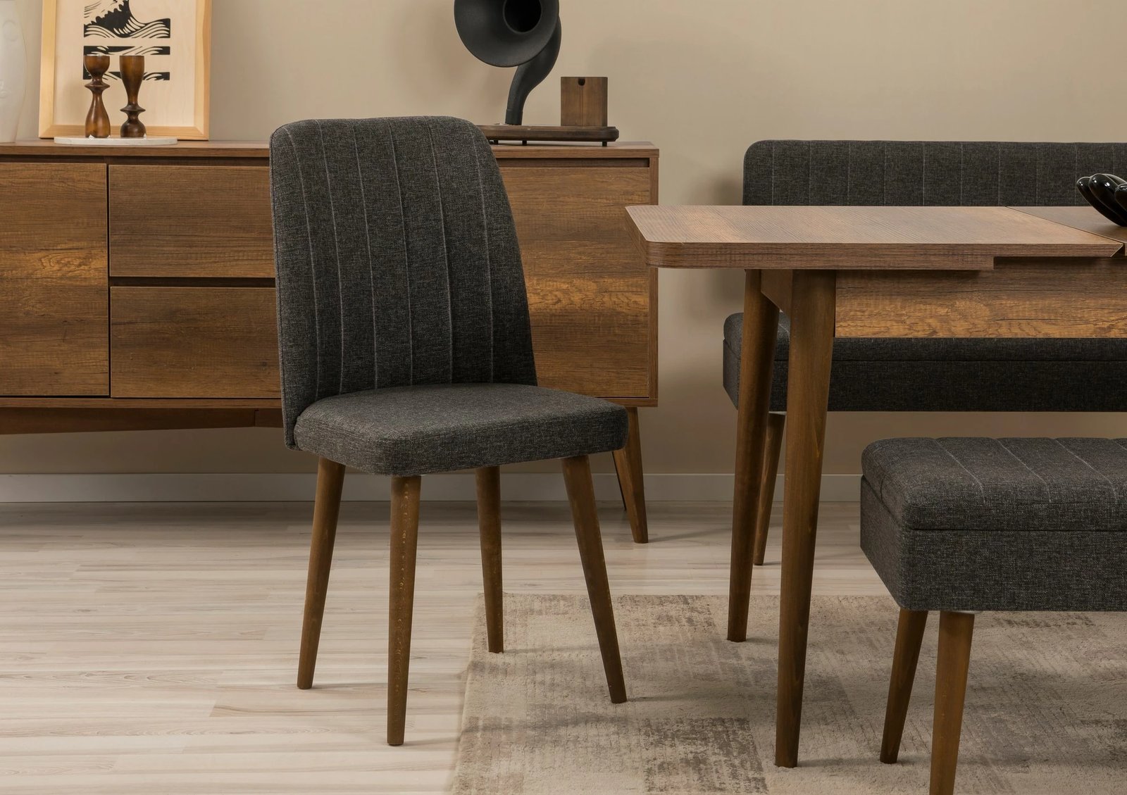 Set tavoline me karrige dhe konsolë, zgjatues, 5 pjesë, Skye Decor, Vina 02 1053, ngjyrë arre dhe antracit