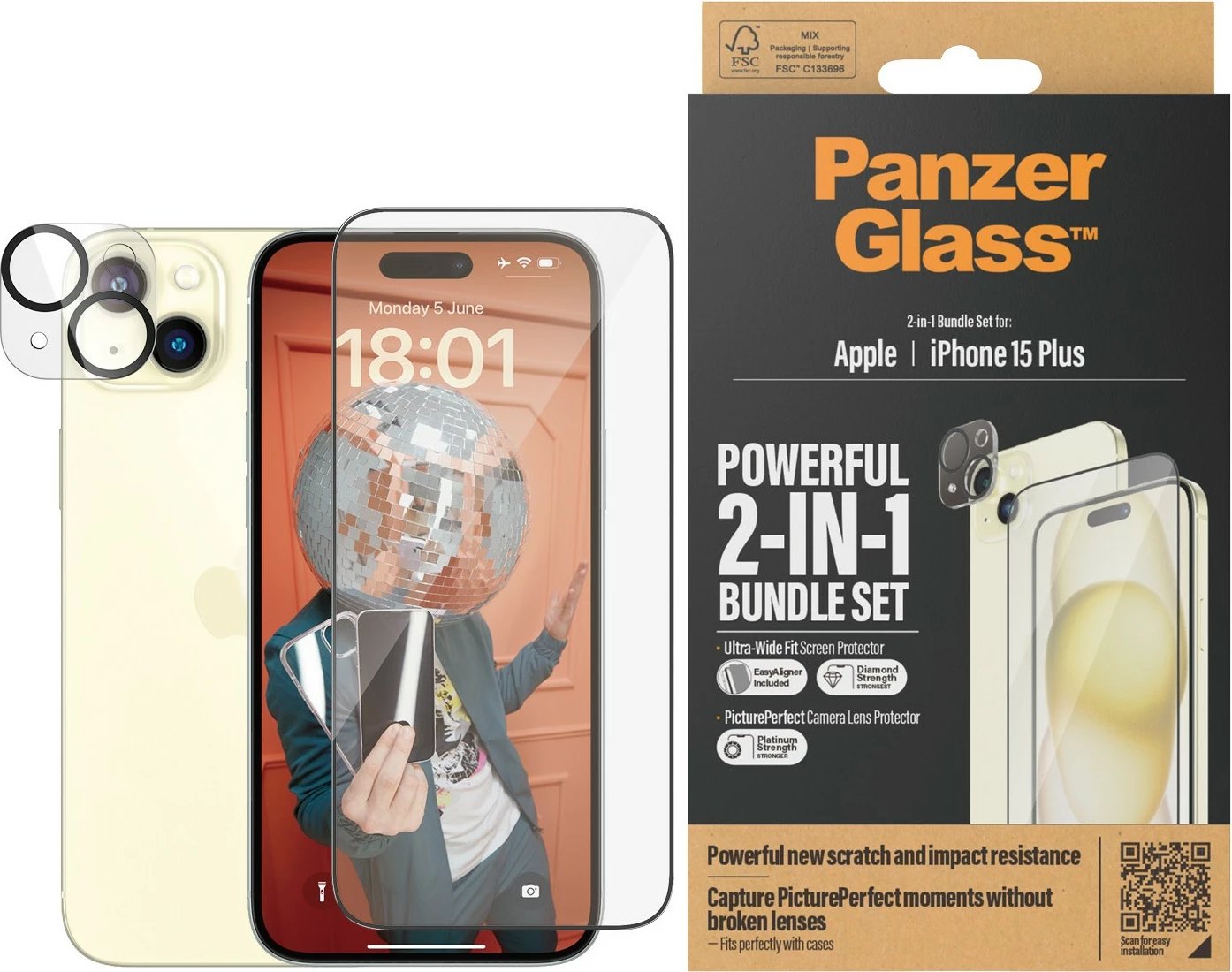 Xham mbrojtës PanzerGlass 2-in-1-Pack për iPhone 15 Plus, EasyAligner