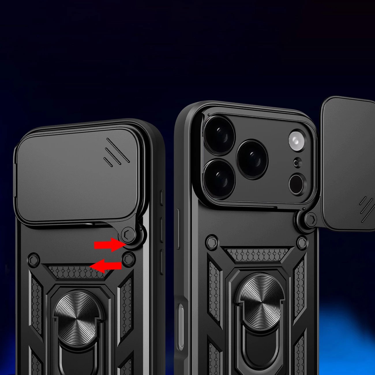 Mbështjellës Hurtel Hybrid Armor Camshield për iPhone 17 Pro, me qëndrim dhe kapak kamere, i zi