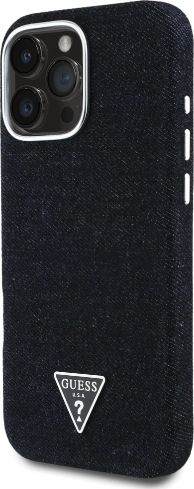 Mbështjellës Guess Denim Triangle Logo MagSafe për iPhone 16 Pro, i zi