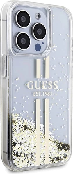 Mbështjellës Guess Liquid Glitter Gold Stripes për iPhone 15 Pro, Transparent Mbështjellës Guess Liquid Glitter Gold Stripes për iPhone 15 Pro, Transparent