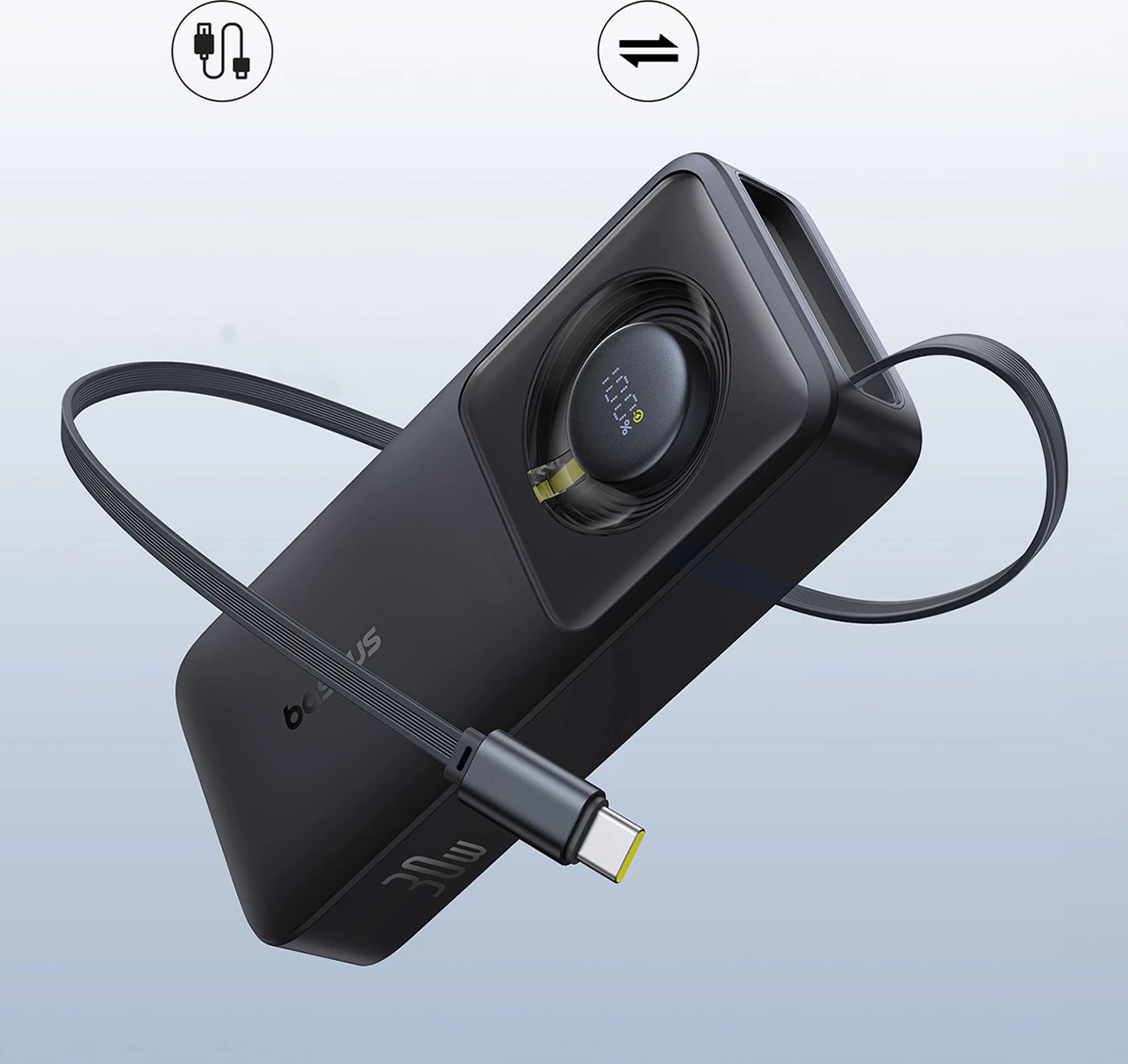 Powerbank Baseus Free2Pull 10000mAh, 30W, me kabllo USB-C tërheqëse, e zezë