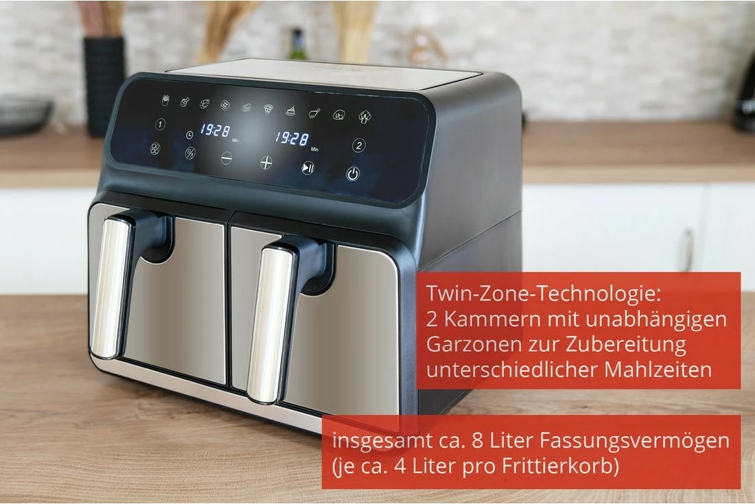 Furrë me ajër UNOLD 58685 TWIN ZONE, 8L, kontroll me prekje, dy dhoma, e zezë