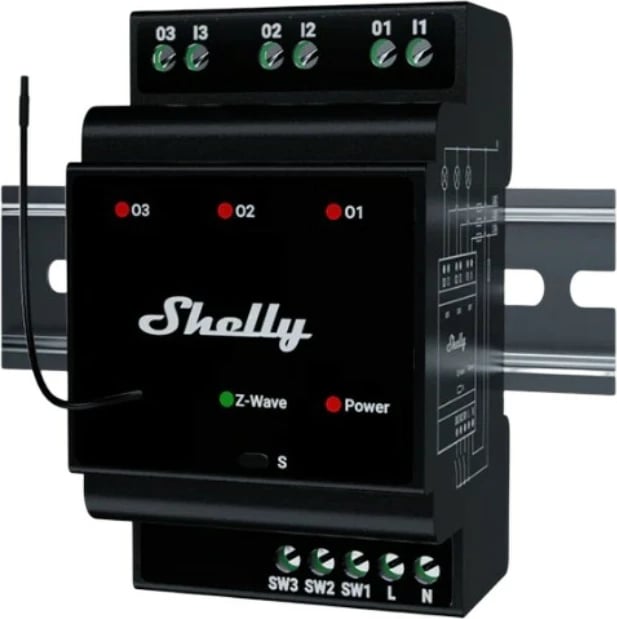 Relé i mençur Shelly Wave Hutschiene Pro 3, 3x16A, Z-Wave, e zezë