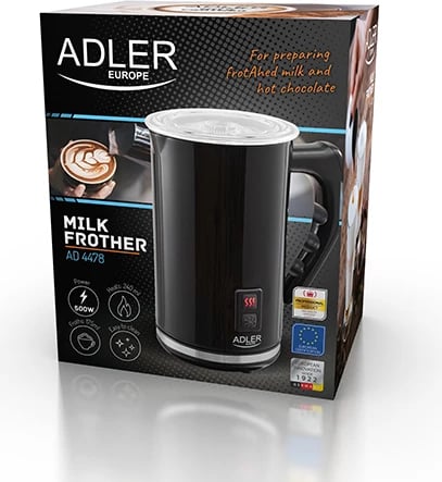 Rrahës qumështi me ngrohje, Adler AD 4478, 500W, 115 ml shkumëzim / 240 ml ngrohje, i zi