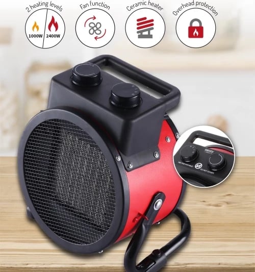 Ngrohës me ventilator qeramik, Camry CR 7743, 2400W, 2 nivele 1000/2400W, termostat, kënd fryrjeje vertikale 90°, i kuq