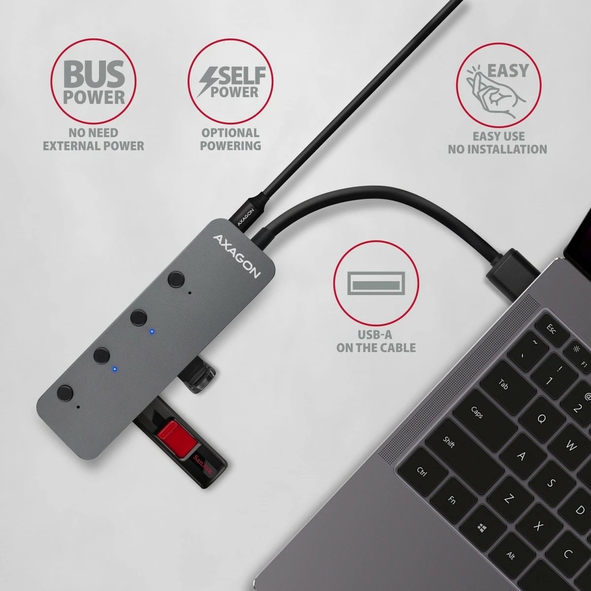 Hub USB AXAGON HUE-MSA, 4 porta, USB 3.2 Gen 1, metal, 20cm, Gri