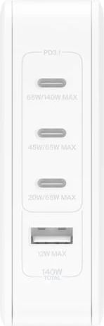 Karikues muri Belkin WCH014btWH, 140W, 4 porta (3x USB-C, 1x USB-A), i bardhë, me priza UK/EU/US