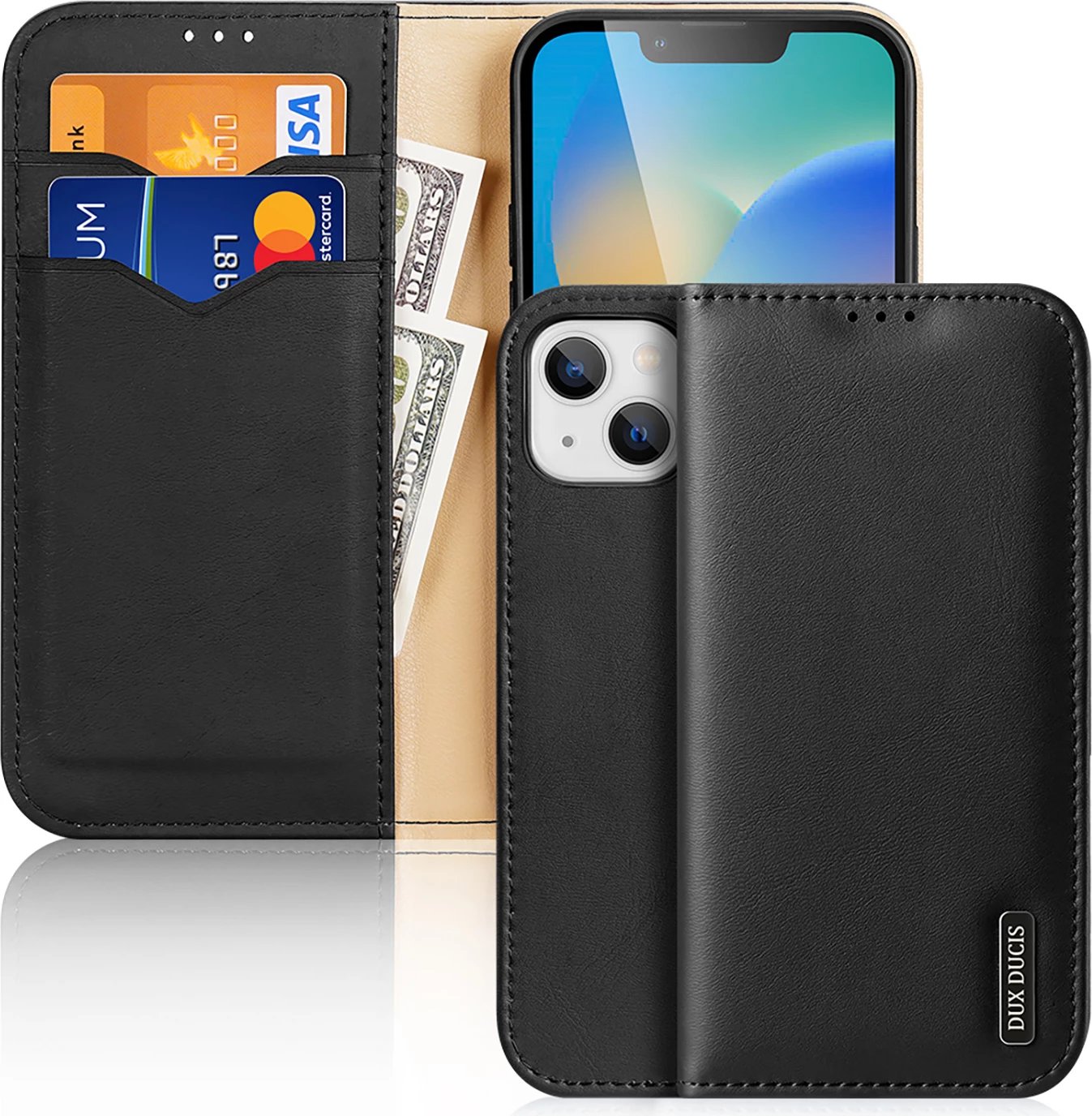 Mbështjellës Dux Ducis Hivo për iPhone 14 Plus, lëkurë natyrale, me xhepa për kartela dhe para, i zi