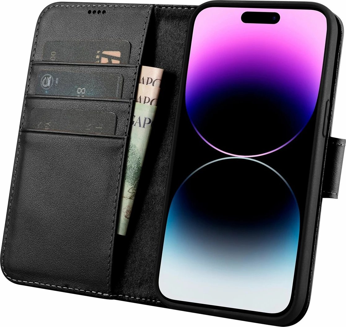 Mbështjellës iCarer Wallet Case 2in1 për iPhone 14 Pro, lëkurë natyrale, Anti-RFID, e zezë