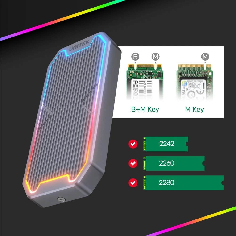 Kasë Unitek S1210B për SSD M.2 NVMe/SATA, USB Type-C, 10Gbps, RGB, Gri
