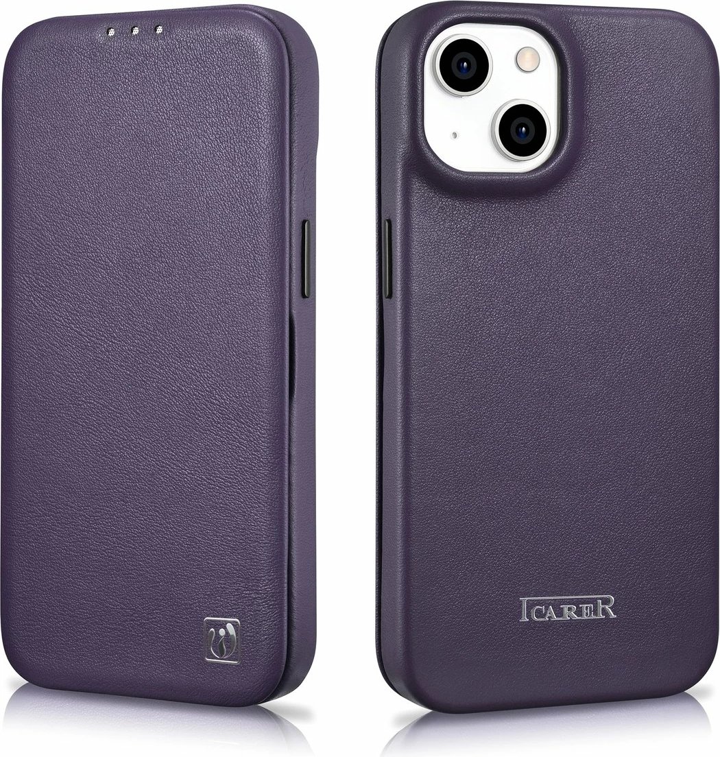 Mbështjellës iCarer CE Premium lëkurë, për iPhone 14 Plus, MagSafe, vjollcë e errët