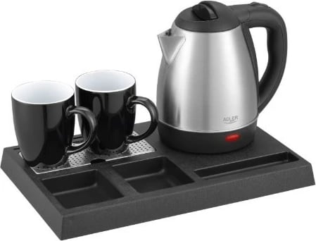 Set mirëseardhje me çajnik elektrik Adler AD 1354 1.2 L 1500 W inoks zi/çelik, set me tabaka dhe 2 filxhanë