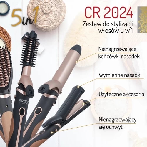 Set stilues flokësh 5-në-1, Adler Camry, CR 2024, 1200W, kordon rrotullues, ngjyrë e zezë/rozë metalike, set