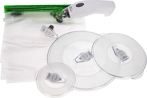 Set pompë vakumi ushqimi, Adler AD 4514, automatike, AC/6xAA, 8 L/min, 10 qese + 3 kapakë + tapë shishe, e bardhë