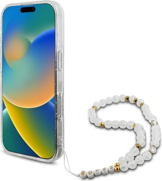Mbështjellës Guess IML Glitter me rrip perlash MagSafe për iPhone 16 Pro, Transparent Mbështjellës Guess IML Glitter me rrip perlash MagSafe për iPhone 16 Pro, Transparent