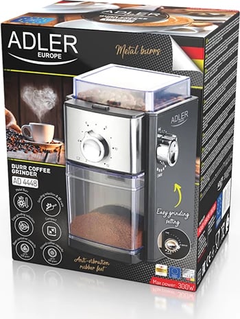 bluarëse kafe me rrota metalike, Adler AD 4448, hinkë 250g, depozitë 100g, rregullim i imtësisë dhe 2–12 porcione, 150W (300W max), e zezë/inox bluarëse kafe me rrota metalike, Adler AD 4448, hinkë 250g, depozitë 100g, rregullim i imtësisë dhe 2–12 porcione, 150W (300W max), e zezë/inox
