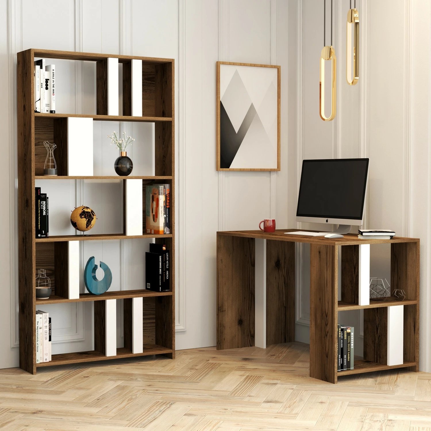 Tavolinë studimi me raft librash Skye Decor, ngjyrë arre dhe e bardhë