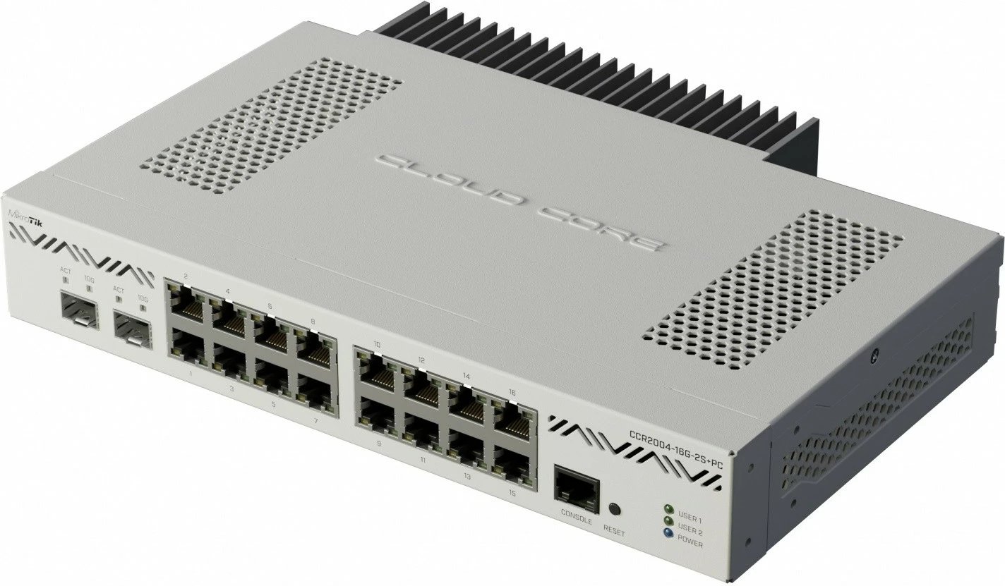 Router me tela MikroTik CCR2004-16G-2S+PC, 16 porta Gigabit, 2 porta SFP+, i bardhë