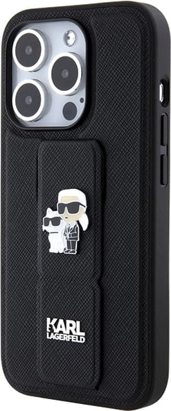 Mbështjellës Karl Lagerfeld Gripstand Saffiano Karl&Choupette Pins për iPhone 13 Pro/13, i zi